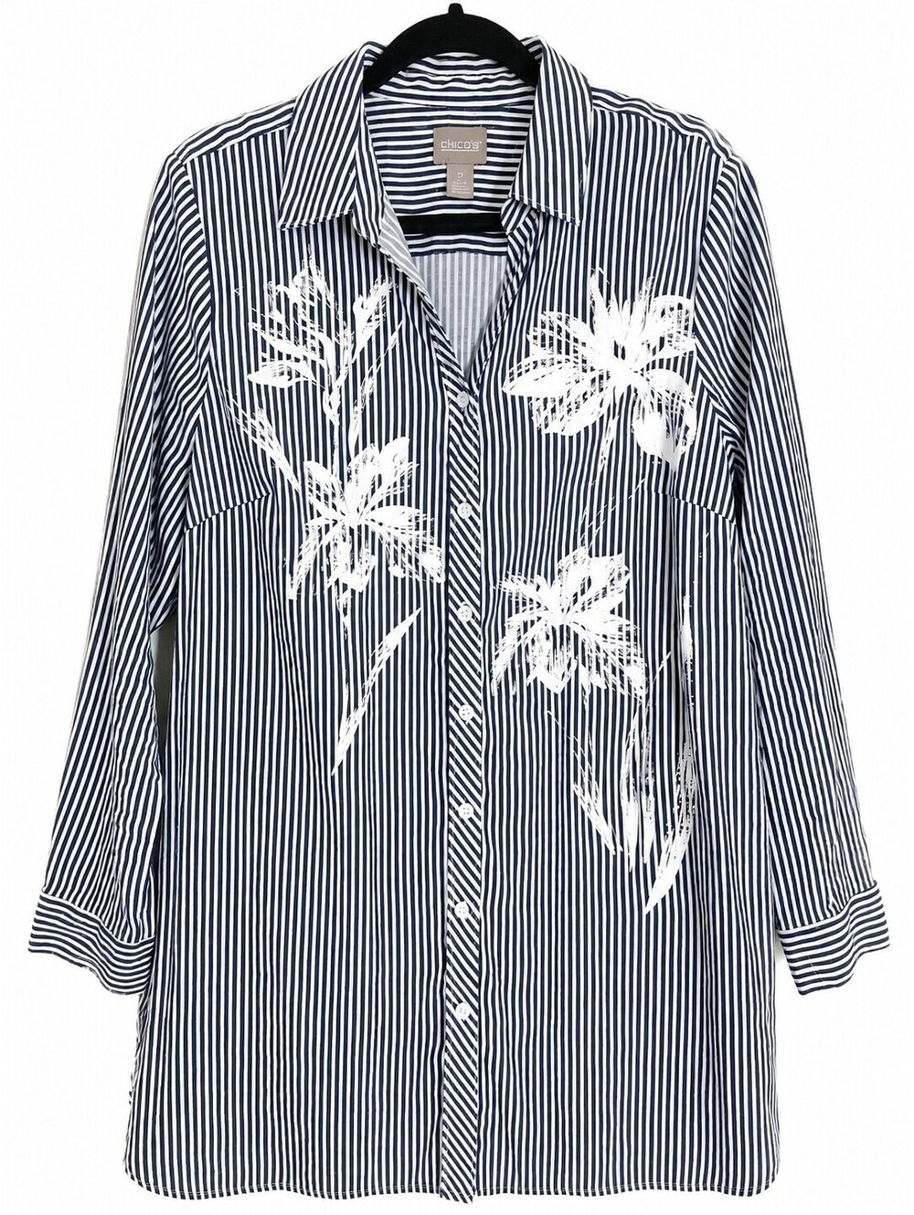 Chico's Women's Dark Navy White Striped Floral Button Front Tunic Shirt Top, Lg